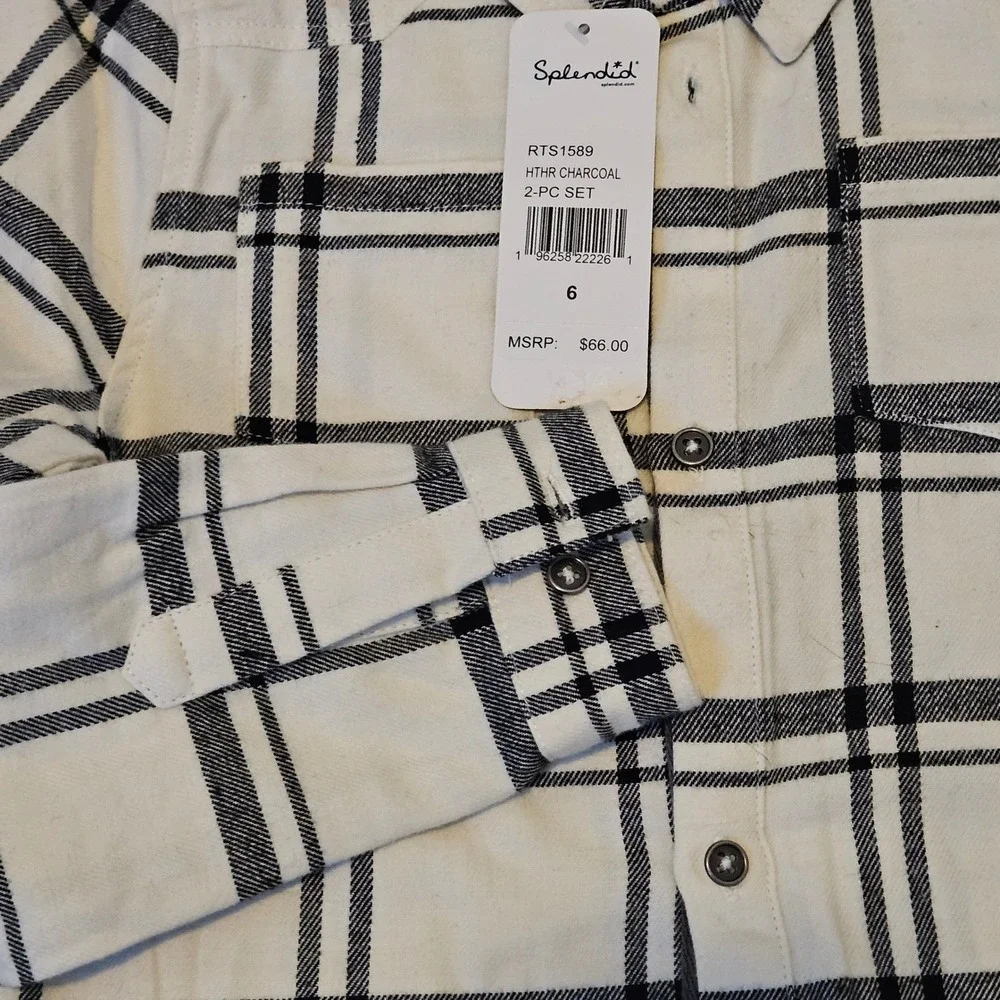 Splendid 2-Piece Flannel Jogger‎ Set Kids Size 6 Charcoal Cream NEW Plaid Shirt